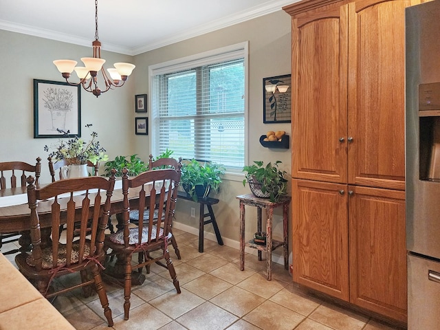 2104 Pinecrest Dr, Jasper, TX 75951 - dining area with a chandelier, light tile patterned flooring, and crown molding