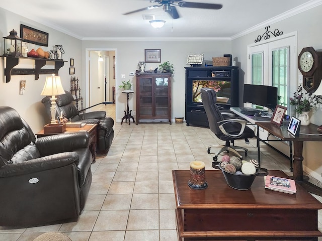 2104 Pinecrest Dr, Jasper, TX 75951 - office area featuring tile patterned floors, a ceiling fan, and ornamental molding