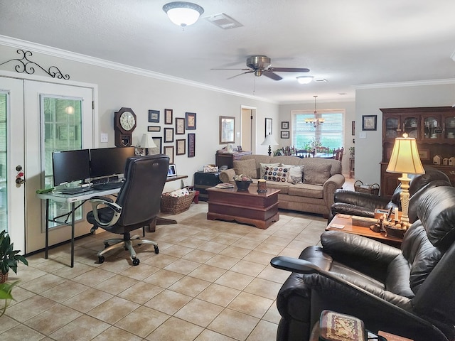2104 Pinecrest Dr, Jasper, TX 75951 - office space featuring light tile patterned flooring, ornamental molding, ceiling fan, and a chandelier