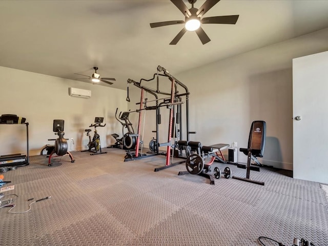 workout room with a wall mounted air conditioner, ceiling fan, and carpet flooring