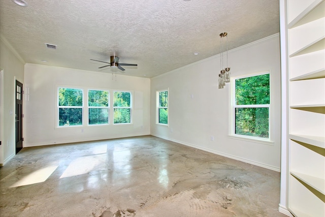 unfurnished room featuring ceiling fan with notable chandelier, a textured ceiling, and plenty of natural light