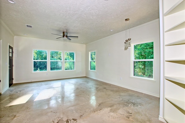 141 Ensign Dr, Hemphill, TX 75948 - unfurnished room featuring finished concrete flooring, a ceiling fan, a textured ceiling, baseboards, and crown molding