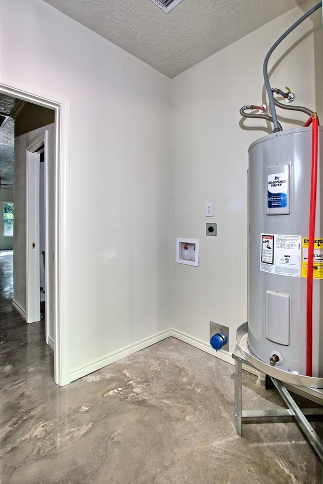 washroom with washer hookup, a textured ceiling, electric water heater, and electric dryer hookup