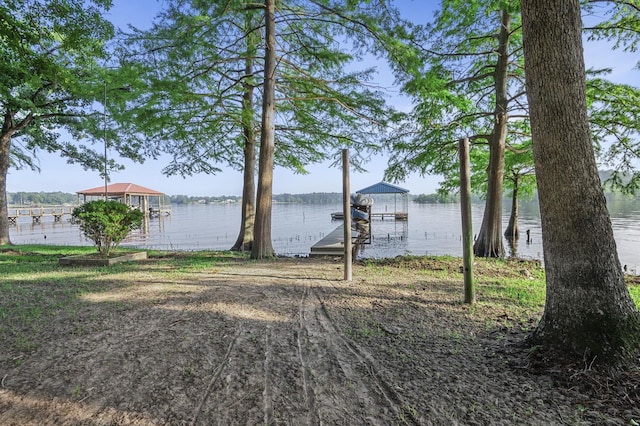 view of yard with a water view and a dock