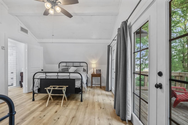 bedroom featuring vaulted ceiling with beams, ceiling fan, and light hardwood / wood-style flooring