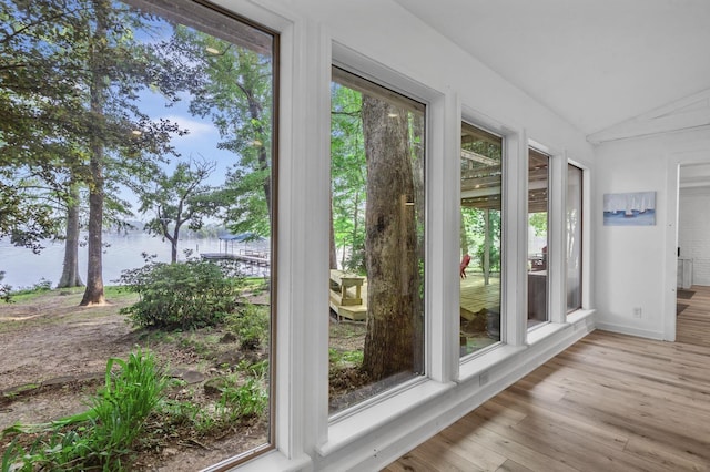 interior space featuring light hardwood / wood-style floors, a water view, and lofted ceiling