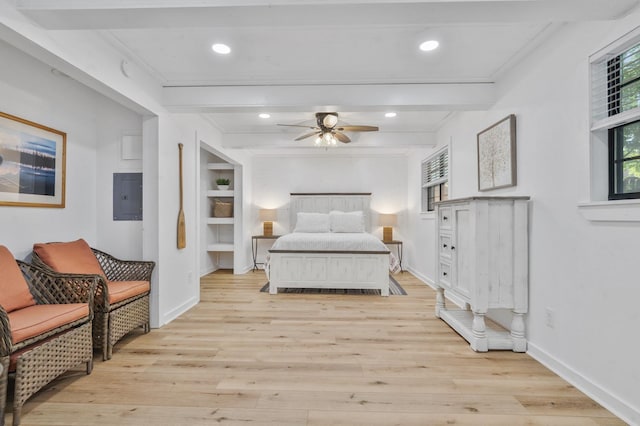 bedroom with beamed ceiling, ceiling fan, light wood-type flooring, and electric panel