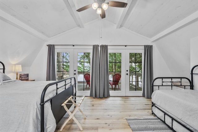 bedroom with access to outside, vaulted ceiling with beams, french doors, and light hardwood / wood-style flooring