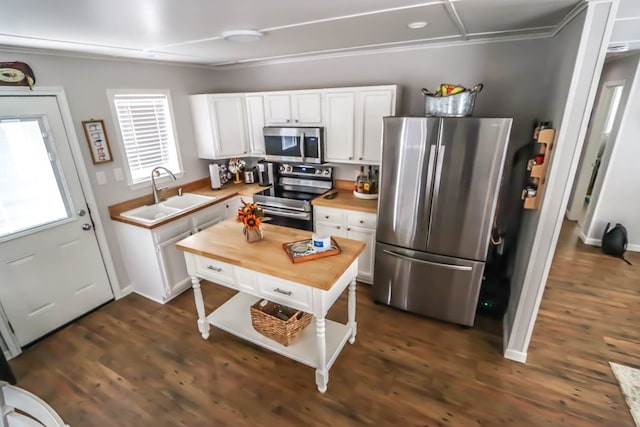 kitchen featuring a sink, white cabinetry, stainless steel appliances, butcher block counters, and dark wood-style flooring