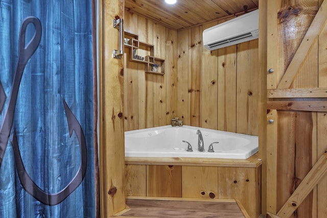 bathroom with wood walls, wooden ceiling, a washtub, and an AC wall unit