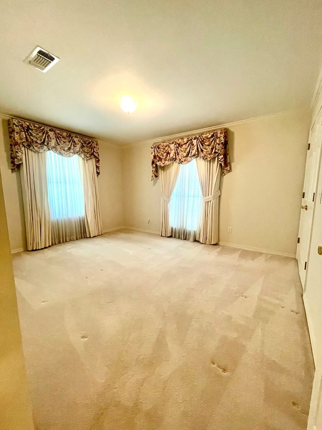 unfurnished room featuring crown molding and carpet flooring