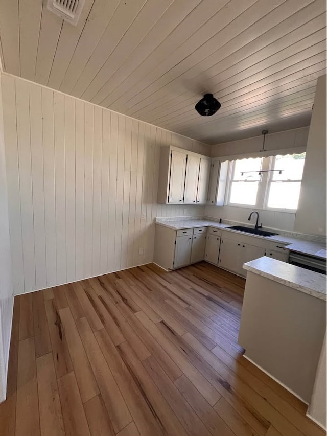 kitchen with wooden ceiling, wood finished floors, a sink, visible vents, and light countertops