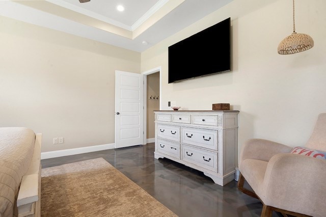 685 Box Car Rd, Lufkin, TX 75904 - bedroom with crown molding, recessed lighting, baseboards, finished concrete floors, and a raised ceiling