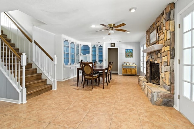 3198 Old Union Rd, Lufkin, TX 75904 - dining space featuring stairs, a ceiling fan, plenty of natural light, and recessed lighting