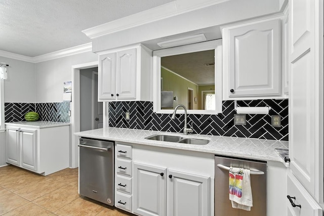 3198 Old Union Rd, Lufkin, TX 75904 - kitchen featuring stainless steel dishwasher, white cabinetry, backsplash, ornamental molding, and light tile patterned floors