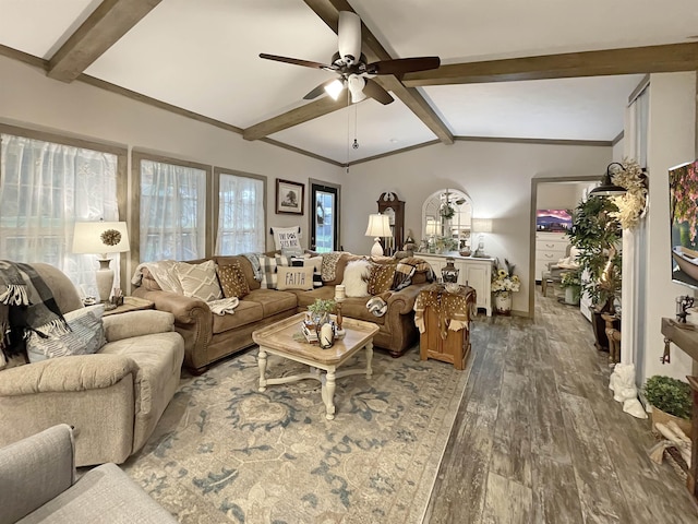 living room with dark hardwood / wood-style flooring, lofted ceiling with beams, and ceiling fan