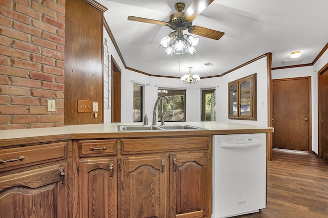 kitchen featuring dishwasher, dark wood-type flooring, ceiling fan with notable chandelier, crown molding, and sink