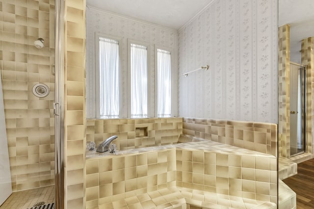 bathroom with hardwood / wood-style floors, an enclosed shower, and crown molding