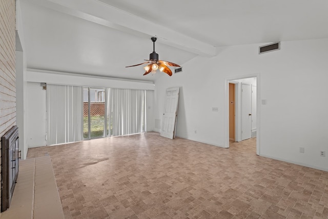 unfurnished living room with vaulted ceiling with beams, ceiling fan, and a fireplace