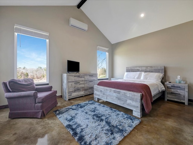 bedroom featuring multiple windows, high vaulted ceiling, an AC wall unit, and beamed ceiling