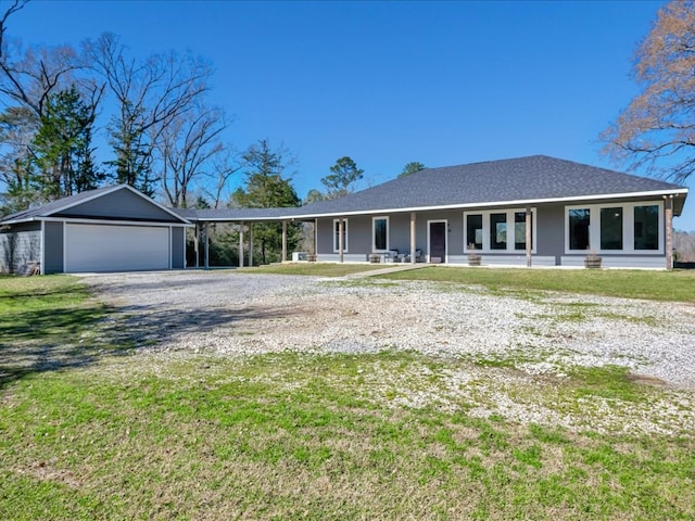 ranch-style house featuring covered porch, a garage, roof with shingles, a carport, and a front yard