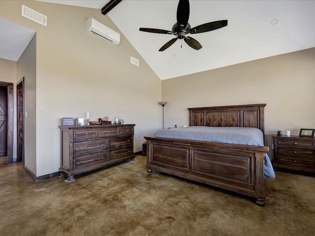 bedroom with visible vents, a wall mounted AC, high vaulted ceiling, beamed ceiling, and baseboards