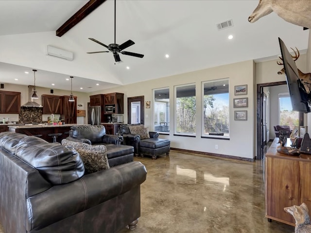 living room featuring beam ceiling, a wall unit AC, visible vents, high vaulted ceiling, and baseboards