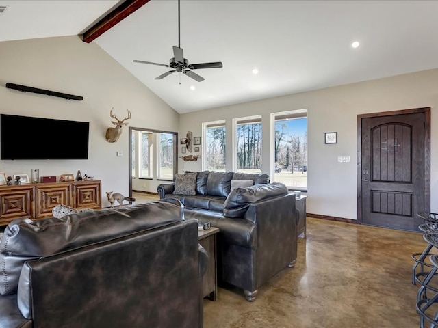 living room with beamed ceiling, recessed lighting, high vaulted ceiling, concrete floors, and baseboards