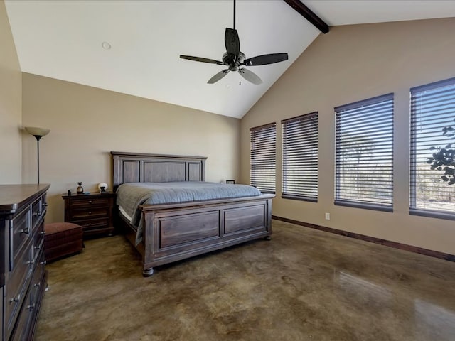 bedroom with high vaulted ceiling, a ceiling fan, baseboards, dark colored carpet, and beamed ceiling