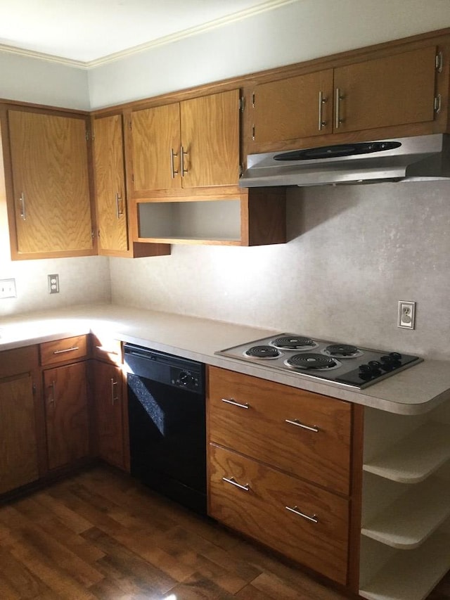 kitchen featuring tasteful backsplash, dishwasher, electric stovetop, dark hardwood / wood-style flooring, and ornamental molding