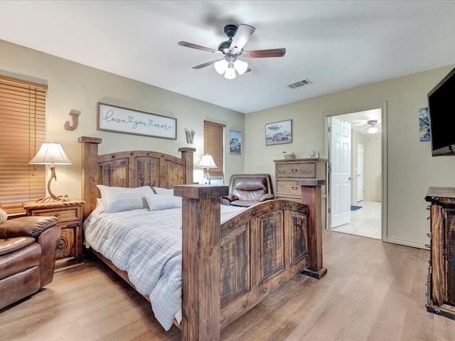 bedroom with light wood-type flooring, visible vents, and ceiling fan