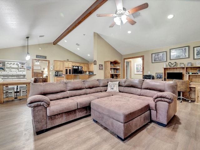living room with high vaulted ceiling, light wood-type flooring, beam ceiling, and recessed lighting