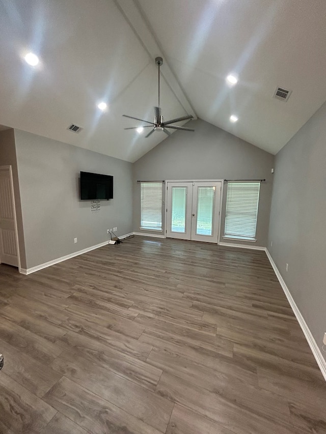 283 Dogwood Rd, Brookeland, TX 75931 - unfurnished room with a ceiling fan, wood finished floors, baseboards, recessed lighting, and high vaulted ceiling
