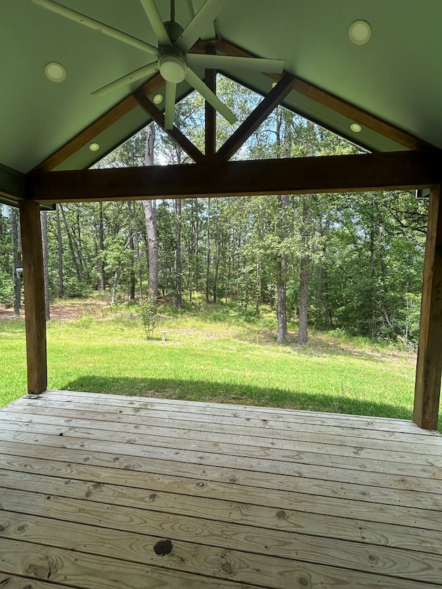 283 Dogwood Rd, Brookeland, TX 75931 - deck featuring a ceiling fan and a lawn
