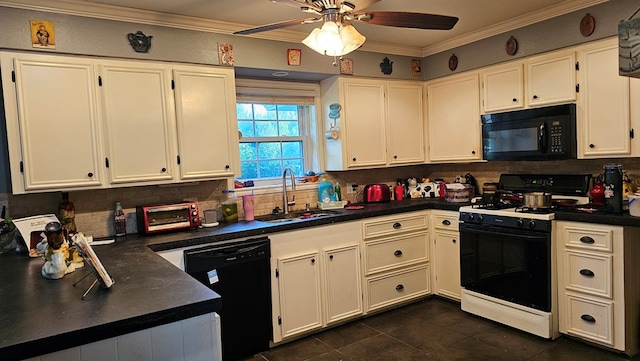 622 Egret Dr, Nacogdoches, TX 75964 - kitchen featuring black appliances, a sink, dark countertops, and crown molding