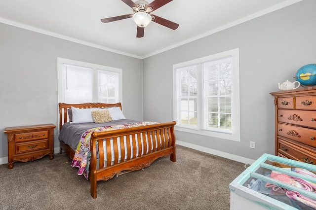 carpeted bedroom with baseboards, a ceiling fan, and crown molding