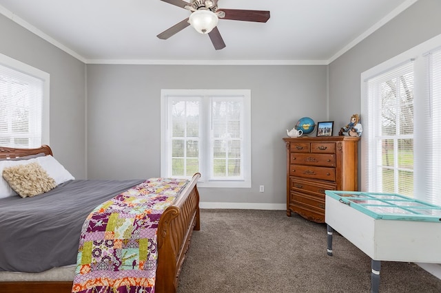 bedroom with baseboards, ornamental molding, ceiling fan, and carpet flooring