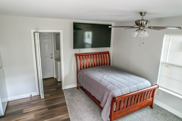 bedroom featuring wood-type flooring and ceiling fan