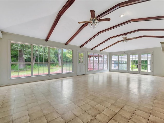 unfurnished room featuring vaulted ceiling with beams, ceiling fan, and a healthy amount of sunlight