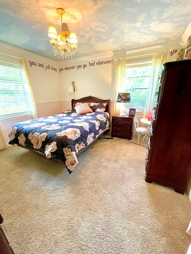 708 Card Dr, Lufkin, TX 75901 - bedroom featuring light colored carpet, a notable chandelier, and multiple windows