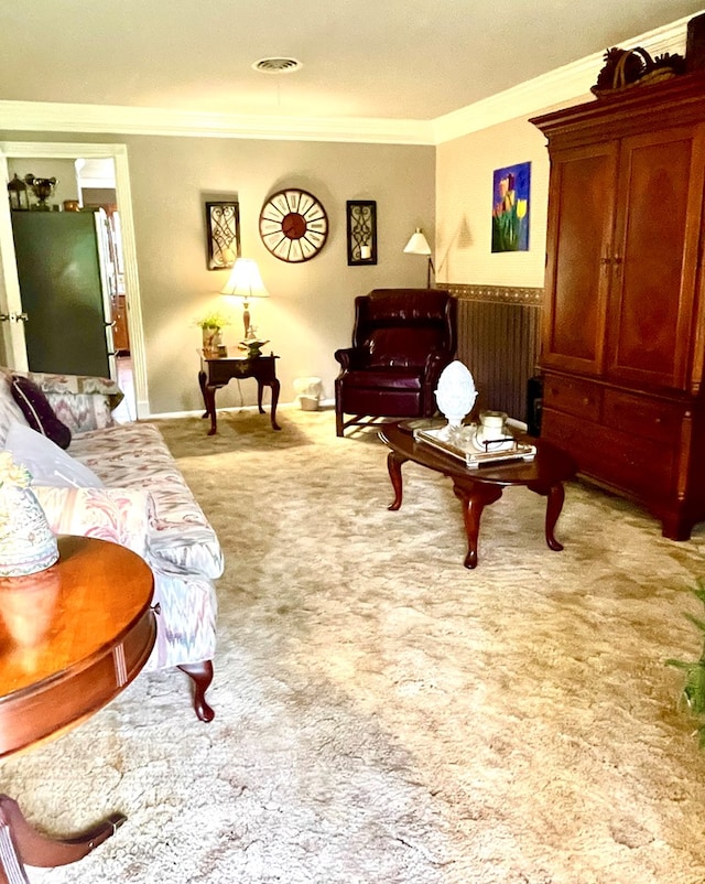 708 Card Dr, Lufkin, TX 75901 - living area with carpet floors, ornamental molding, and visible vents