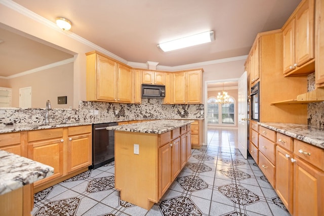 kitchen with backsplash, ornamental molding, a center island, light stone counters, and black appliances