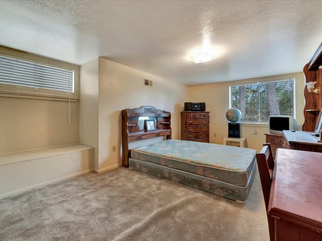 carpeted bedroom with a textured ceiling