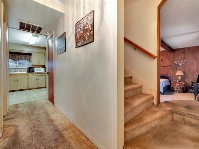 hall featuring sink, light carpet, and wooden walls