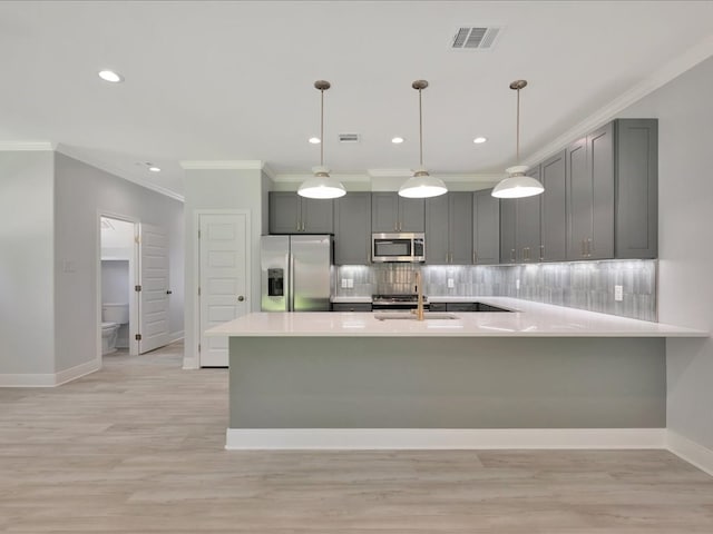 kitchen with backsplash, light hardwood / wood-style floors, hanging light fixtures, and appliances with stainless steel finishes