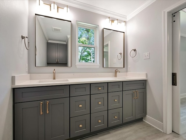 bathroom featuring vanity, hardwood / wood-style flooring, and crown molding