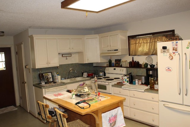 kitchen with a textured ceiling, white appliances, white cabinetry, and sink