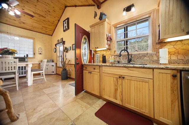 kitchen with decorative backsplash, a ceiling fan, wooden ceiling, and a sink