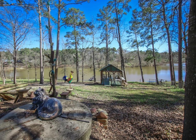view of yard with a water view and a playground