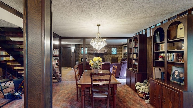 dining space featuring dark carpet, a notable chandelier, and a textured ceiling